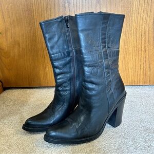 Western Genuine Leather Mid-Calf Block Heel Black Boots